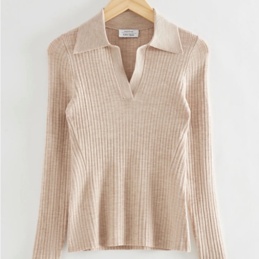 & Other Stories Paris Atelier Wool Blend Ribbed Polo Top Shirt Medium